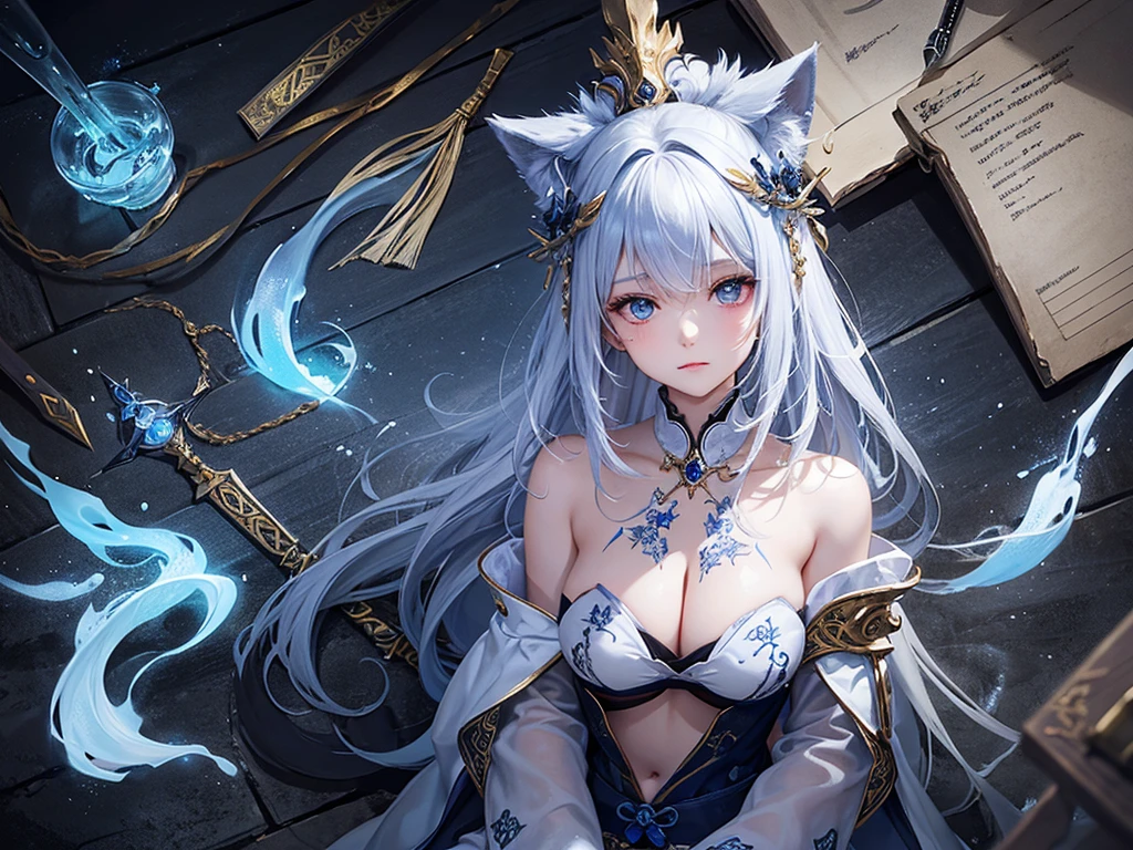 High quality concept art with runes featuring a fantastic and beautiful woman drawn on weathered parchment, using runes, character sheet, reminiscent of alchemical royalty Intricate details of alchemist witch attire, perfect anatomy, parchment serves as a canvas decorated with ancient runes, made by hand. sketches drawn, by Yuki Sakura, high details, dark blue princess eyes, white hair, Kitsune