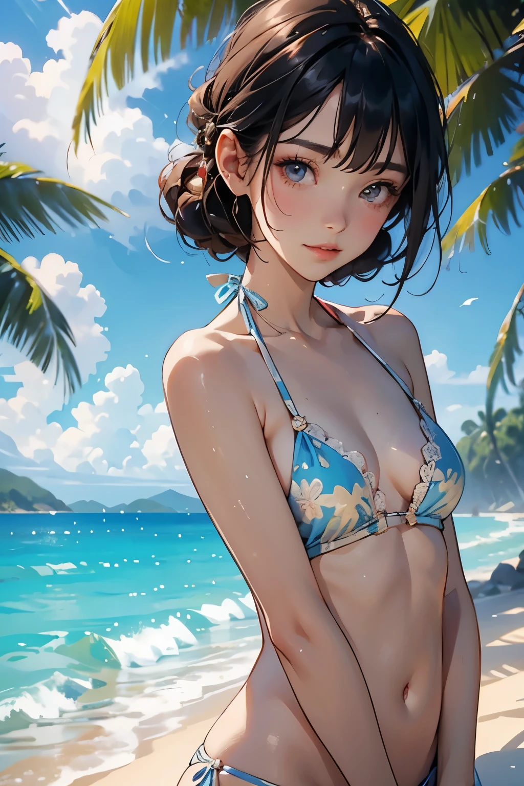 Very beautiful 17 year old girl, See through,Beautiful and fair、Glowing Skin, bright, Refreshing and gentle look, Perfect beautiful face、Beautiful shiny bangs, Small breasts,Lace Bikini,