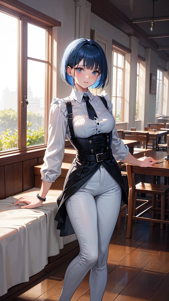 "A young female character with periwinkle blue hair styled in a short, slightly wavy bob cut with a small braid on one side. She has fair skin, large expressive eyes, and a cheerful expression. Her outfit is a modern, chic ensemble consisting of a white short-sleeved button-up shirt with a black tie, a black underbust corset, and high-waisted white cargo pants with multiple pockets. She accessorizes with several silver bracelets on her left wrist and a silver chain belt around her waist. The setting is a bright, airy café with large glass windows, wooden floors, and lush greenery both inside and outside. The overall atmosphere is light, peaceful, and inviting, with sunlight streaming in and creating a serene ambiance."