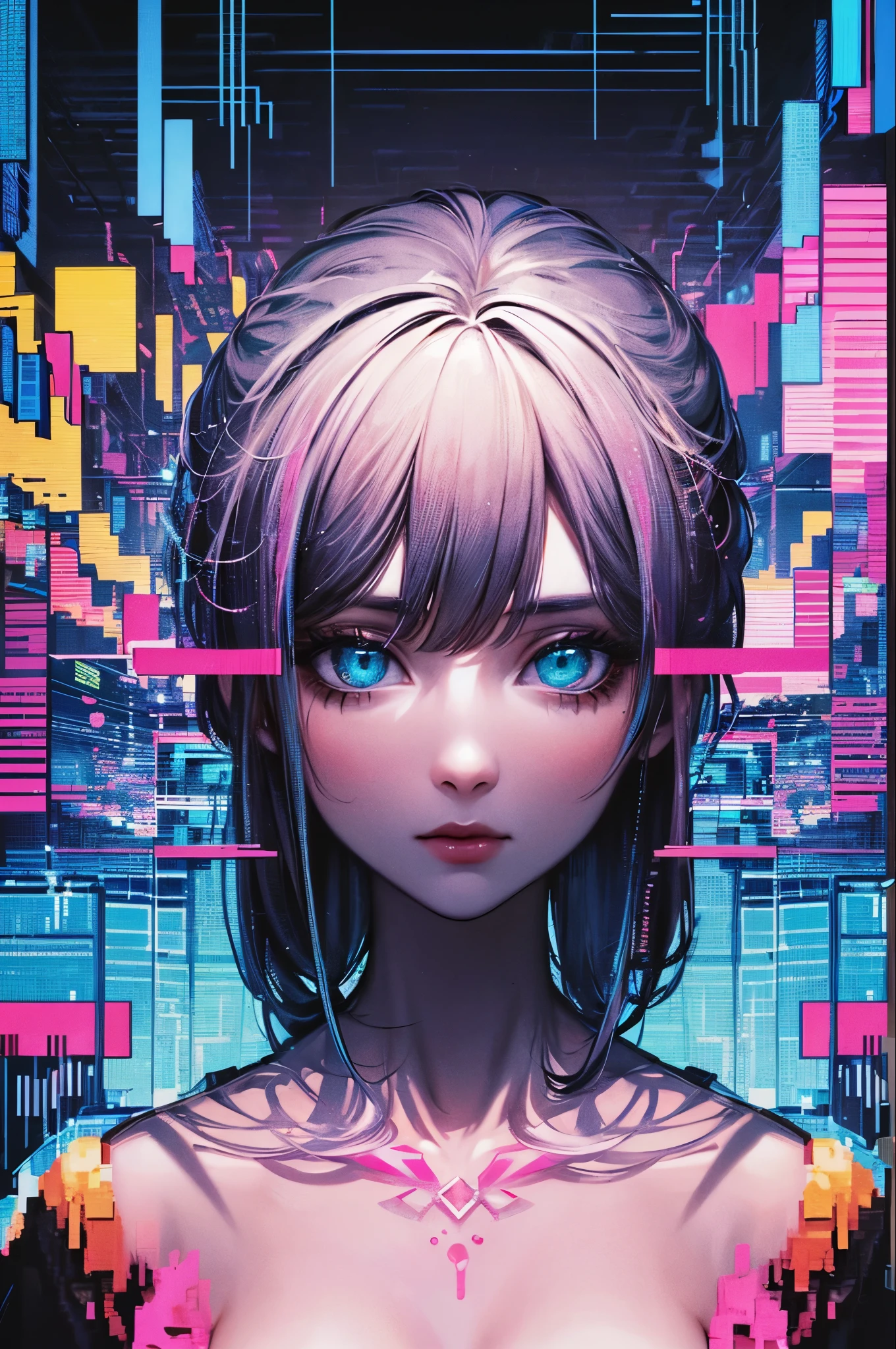 (masterpiece, Highest quality, Highest quality, Official Art, beautifully、aesthetic:1.2), One girl, Glitch Art, (Digital Distortion), Pixelated Fragments, Data Corruption,Colorful Noise, Visual clutter,Modern aesthetics