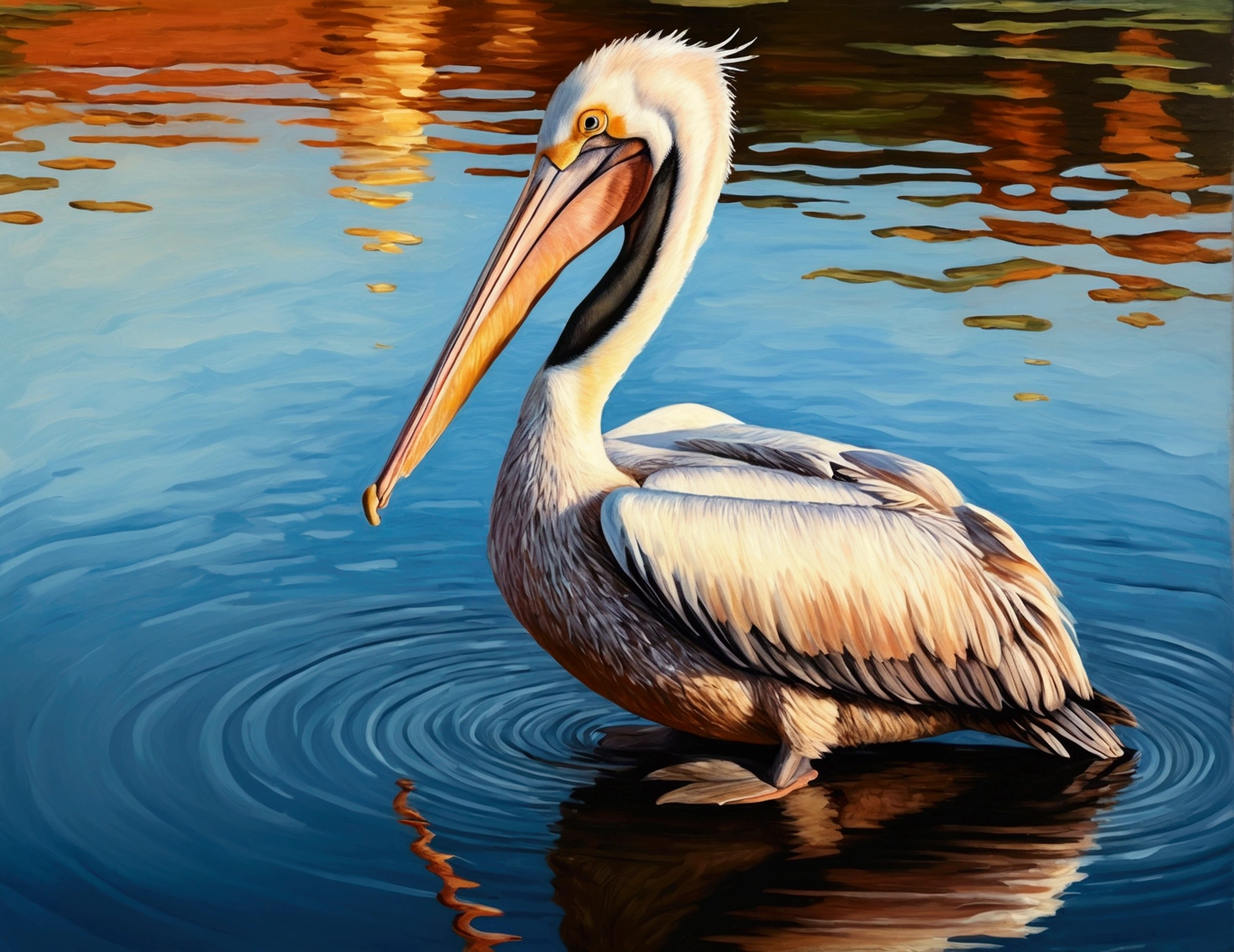 a majestic pelican standing in a serene lake, detailed hand-drawn illustration, oil painting style, impasto brush strokes, dreamlike and romantic atmosphere, exquisite details, high resolution, elegant