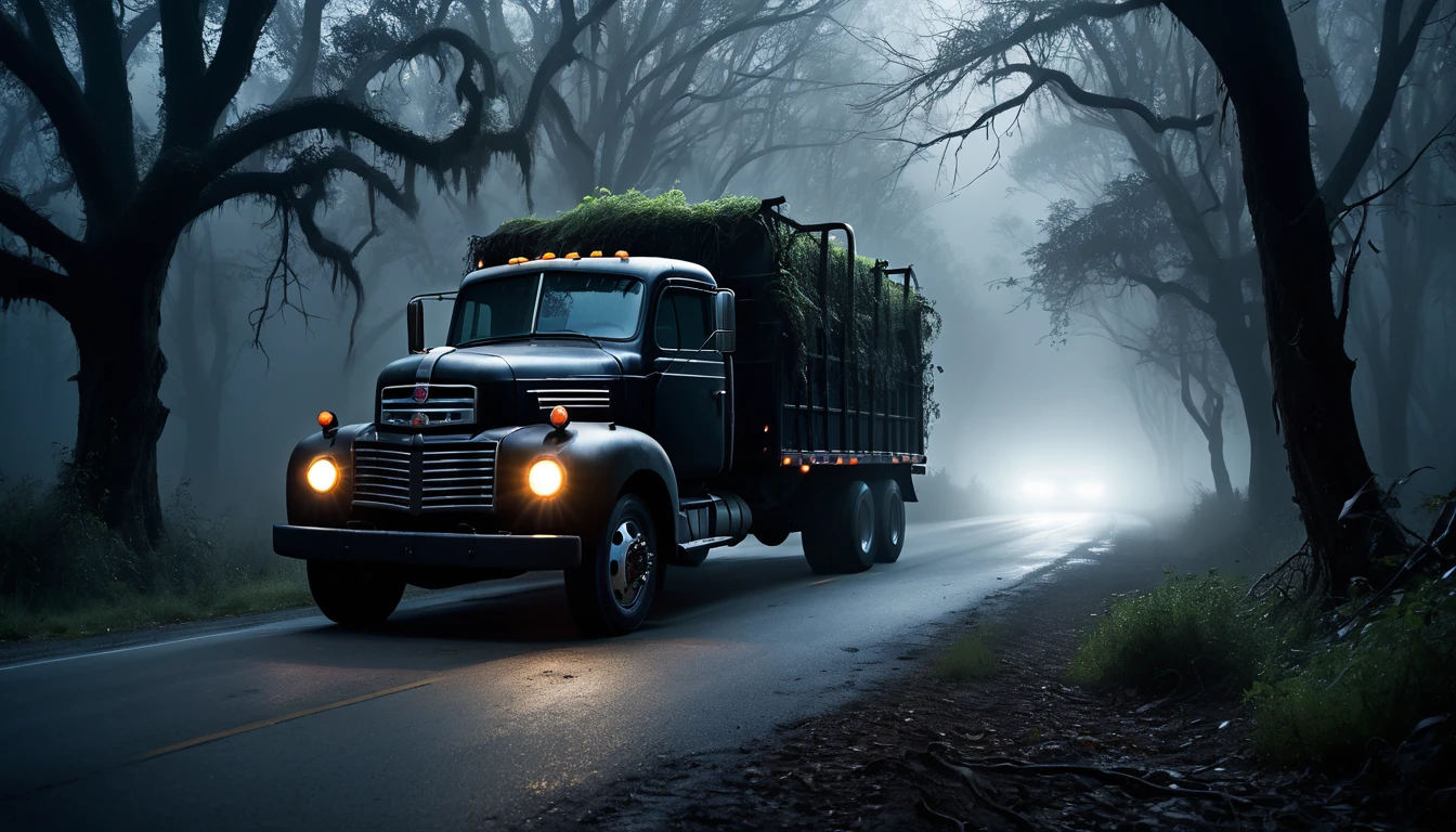 001: Create a hyper-realistic image of a large black truck on an abandoned road, surrounded by dense, twisted trees. The truck's headlights are off, and the scene is illuminated only by a faint, eerie moonlight filtering through the fog. The road is cracked and covered with overgrown weeds, while mysterious shadows lurk among the trees. In the distance, faint ghostly figures can be seen. The atmosphere is foreboding and filled with a sense of dread. The image should be in a 16:9 format, with deep shadows and highlights that add tension and a chilling atmosphere.