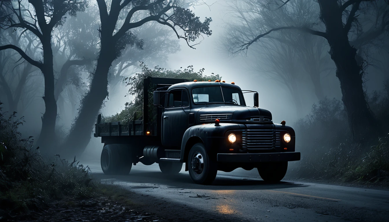 001: Create a hyper-realistic image of a large black truck on an abandoned road, surrounded by dense, twisted trees. The truck's headlights are off, and the scene is illuminated only by a faint, eerie moonlight filtering through the fog. The road is cracked and covered with overgrown weeds, while mysterious shadows lurk among the trees. In the distance, faint ghostly figures can be seen. The atmosphere is foreboding and filled with a sense of dread. The image should be in a 16:9 format, with deep shadows and highlights that add tension and a chilling atmosphere.