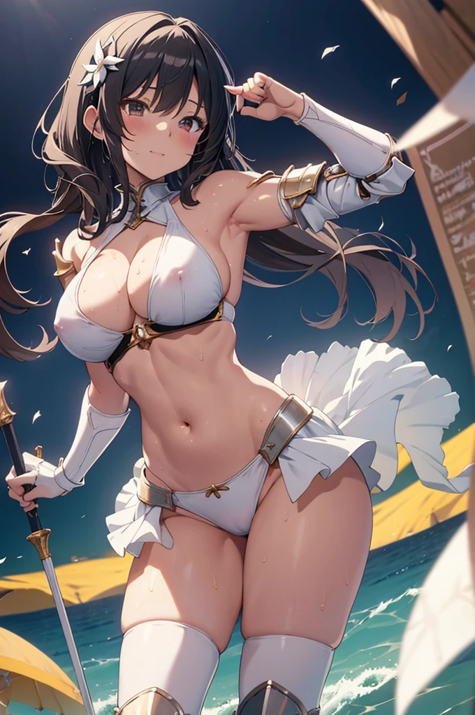 nsfw,8k,Masterpiece,(White Bikini),((A woman wearing separate armor)),female knight,Mature Woman,28 years old,Bikini Armor, Beach,The world of fantasy games set in another world,Sexy anime characters,Slender figure,Cleavage,belly button,Short Bob,Black Hair,Shy smile,Flushed Cheeks, Knight Girl, Very detailed fan art, Detailed digital anime art, Anime Goddess, Anime illustration, Girl in Armor,Beautiful expression right down to your fingertips,Looking at the audience,Sweaty, glistening skin,Side view composition,Angle from below,Thigh close-up