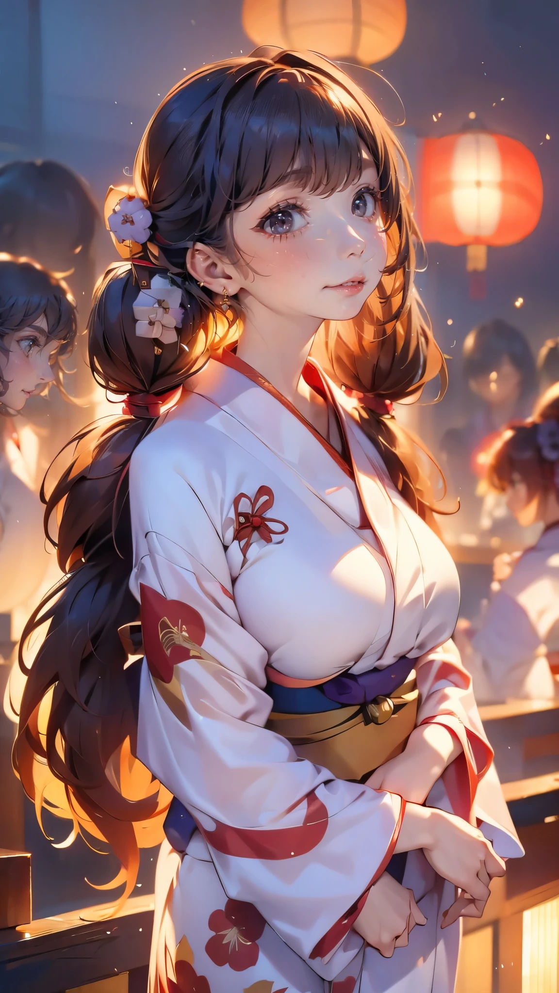 ((Looking up at the fireworks:1.5)),((One girl:1.5),Curvy,,Beautiful breasts,Large Breasts,Pale skin,(Erect nipples)),((Long Hair),(Thin Hair:1.8),(Twin tail hair:1.5),(Swept-apart bangs:1.5),(Very light coppery amber hair:1.5),(Hair on one eye:1.2)),((Realistic),8k,Ultra HD,High resolution,Highest quality,masterpiece,(Presence:1.5),(dynamic:1.5),(bold:1.5)),((Dressed:1.5),(Japanese Yukata:1.5))