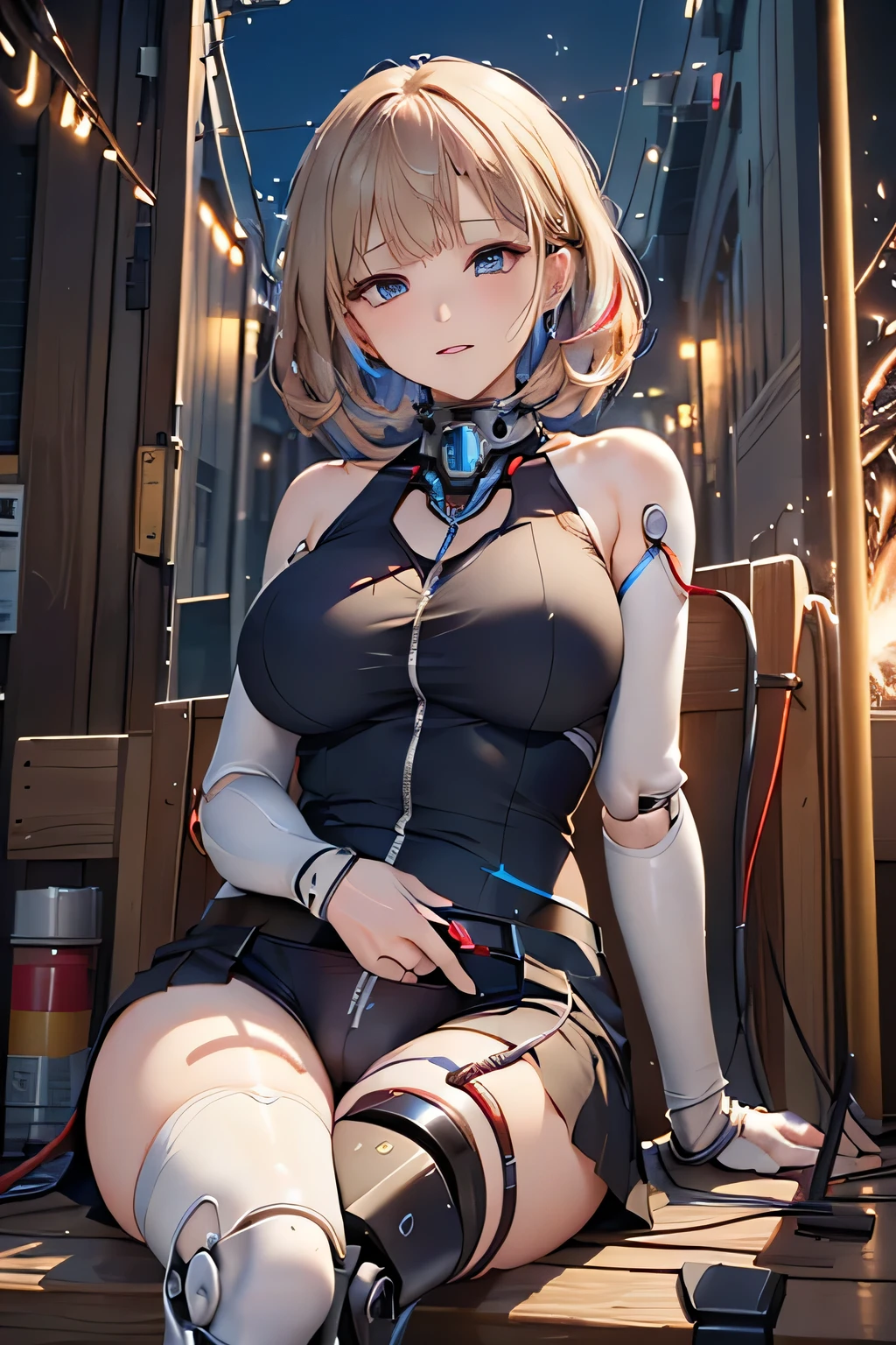 (((Sparks fly))), (((Highest quality))), ((Very detailedな)), (High-definition CG illustrations), ((Very delicate and beautiful)), Cinematic Light,((1 Mecha Woman)),alone,mature,(Ahegao),Big and ample breasts,Plump, whole body,(Machine made joints:1.2),((Mechanical marginal vessels connected to tubes),((Cervical vertebrae mechanically attached to the neck)),(((The crotch is open))),(Sitting),(wires and cables around the neck:1.2),(Overhead Wires and Cables:1.2)(Character Focus),sf,((Very detailed,colorful)),Best details