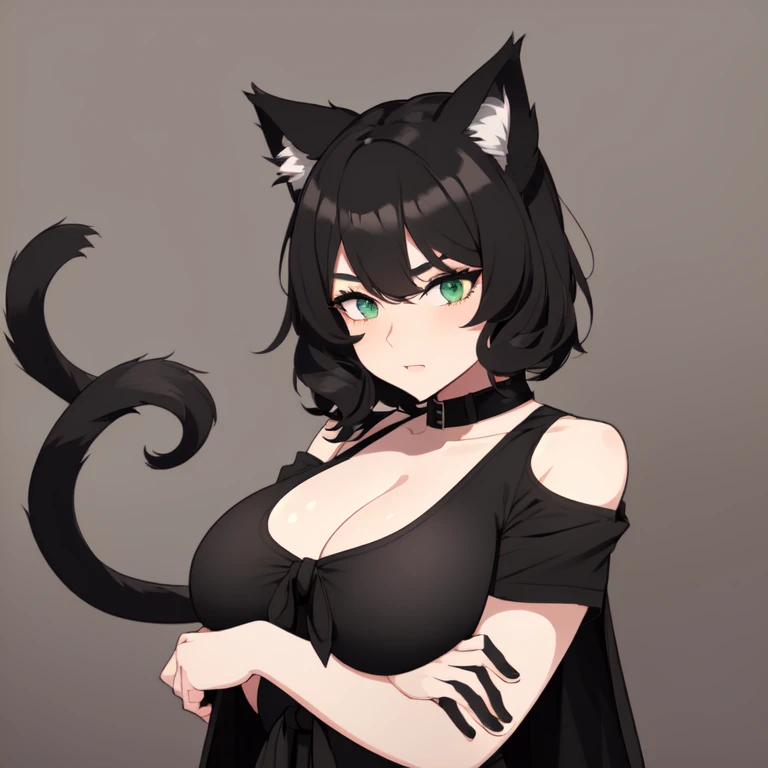 (adult female:1.2), (solo, full-size:1.3), (short black curly hair:1.15), (black hair:1.2),(heterochromia, gray eye, green eye:1.1), (black sport top, tied black sport short:1.35), (huge breast:1.1), (fluffy cat ears:1.05), (fluffy cat tail:1.05), (outline character style:1.2)