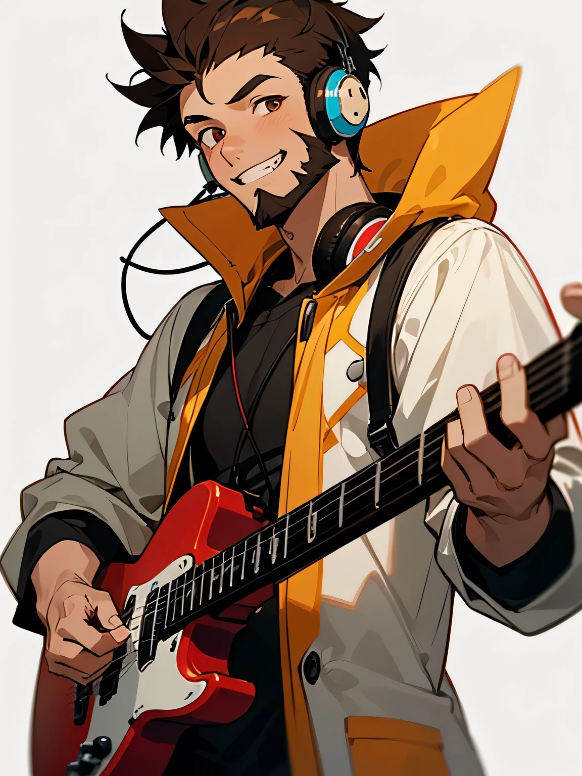 solo,35yo,man,very short shaved spiked hair:1.2,deep brown hair,(dark skin),(no bangs),male's eye,male's nose, male's mouth,beard:0.6,grin,Headphones、Summer clothes musician、white simple background,I am the main character、