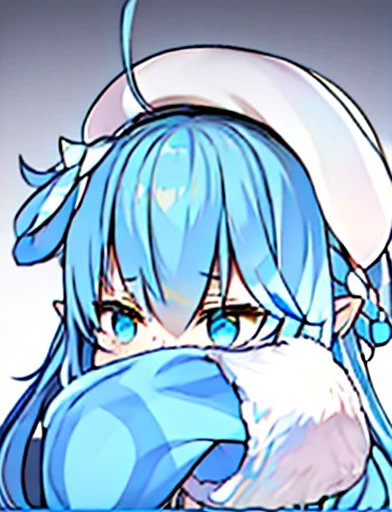 masterpiece, Highest quality, High resolution, wonderful, fur-trimmed coat, fur-trimmed sleeves, striped coat, white and bluecoat, blue hair, cat ear, white beret, whole body,