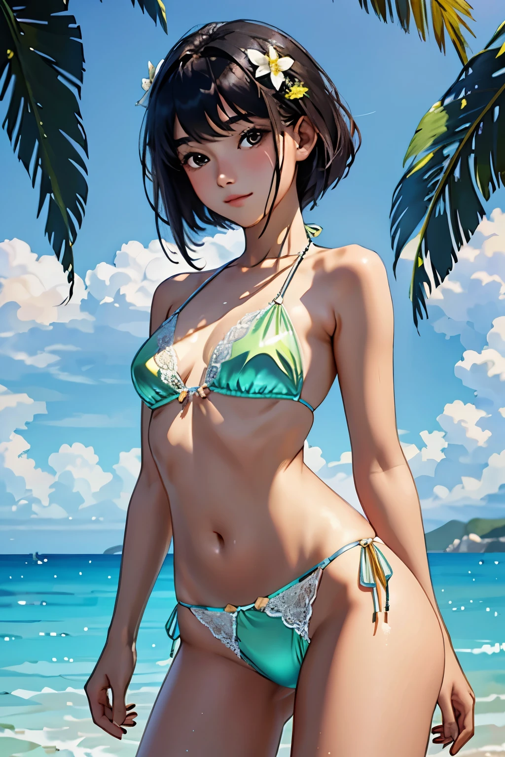 Very beautiful 17 year old girl, See through,Beautiful and fair、Glowing Skin, bright, Refreshing and gentle look, Perfect beautiful face、Beautiful shiny bangs, Small breasts,Lace Bikini,