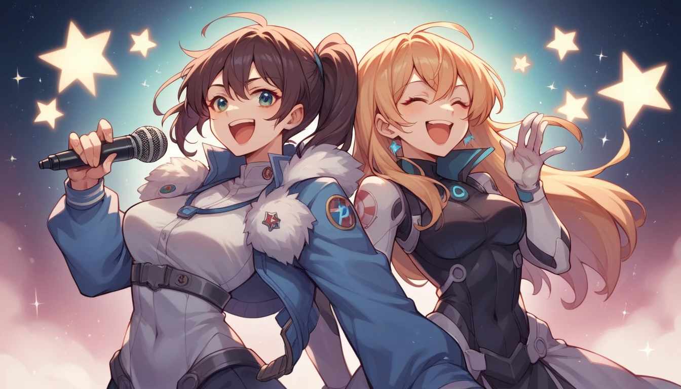 Two girls singing together in front of a single microphone, their full bodies visible. They are wearing futuristic outfits. They are surrounded by the vastness of space with stars shining brightly all around them. So that the whole body is reflected。 They are laughing With image quality in the style of Kaoru Mori