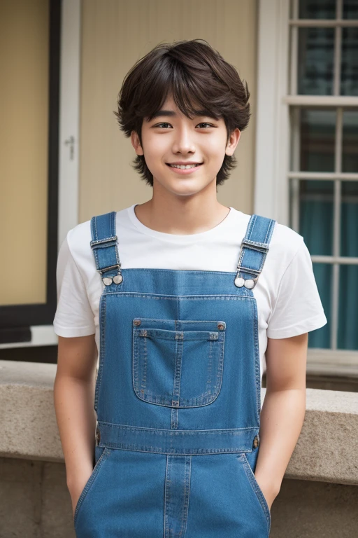 20 year old male,medium hair,blue overall,happy