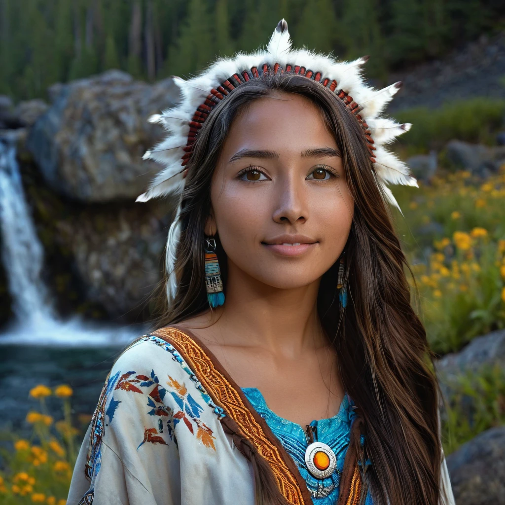 (grainy:0.5), cinematic, beautiful girl 25 year old with sexy clothing,native american,fantasy,(solo:1.3), detailed brown eyes, detailed face, detailed native American sexy clothing , volumetric lighting, dusk, extremely detailed background, standing next to forest, mountains, flowers, water fall, smiling, half closed eyes, tilted head, from side, sitting next to her wolf