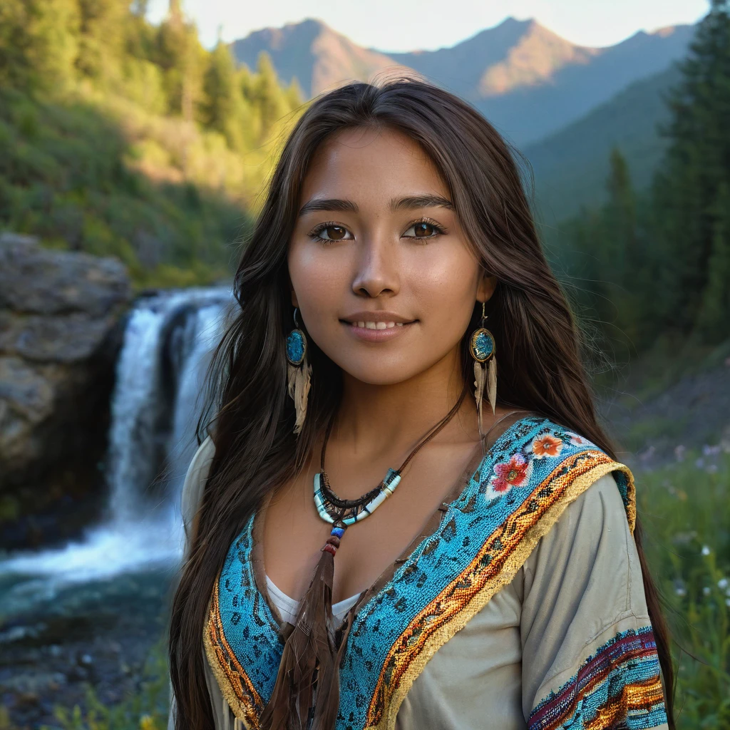 (grainy:0.5), cinematic, beautiful girl 25 year old with sexy clothing,native american,fantasy,(solo:1.3), detailed brown eyes, detailed face, detailed native American sexy clothing , volumetric lighting, dusk, extremely detailed background, standing next to forest, mountains, flowers, water fall, smiling, half closed eyes, tilted head, from side, sitting next to her wolf