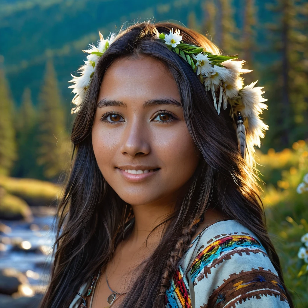 (grainy:0.5), cinematic, beautiful girl 25 year old with sexy clothing,native american,fantasy,(solo:1.3), detailed brown eyes, detailed face, detailed native American sexy clothing , volumetric lighting, dusk, extremely detailed background, standing next to forest, mountains, flowers, water fall, smiling, half closed eyes, tilted head, from side, sitting next to her wolf