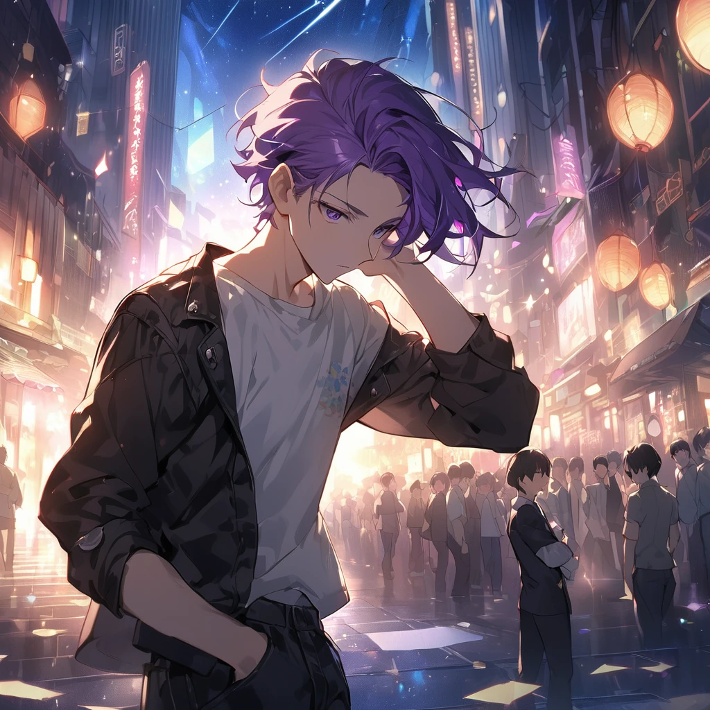 A anime style illustration of a young boy masterpiece、Adults、29yo、twinks、Forehead、30-years old、Two-tone black and purple hair、Black jacket、Black pants、white t-shirts、Give bangs、Sticking out your forehead、twinks、Eyes drawn in detail、a handsome、Inside the city、starrysky、Mystical light、Dramatic light、Cinematic power、