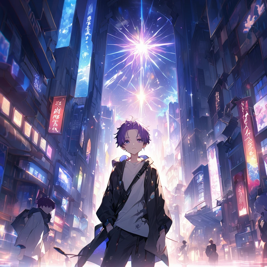 A anime style illustration of a young boy masterpiece、Adults、29yo、twinks、Forehead、30-years old、Two-tone black and purple hair、Black jacket、Black pants、white t-shirts、Give bangs、Sticking out your forehead、twinks、Eyes drawn in detail、a handsome、Inside the city、starrysky、Mystical light、Dramatic light、Cinematic power、