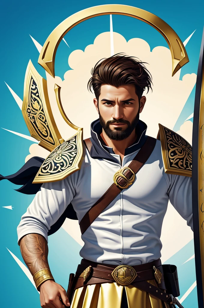 A captivating animated cartoon illustration of Joshua, the leader of the Battle of Jericho, dressed as an Israeli warrior. He has a determined look on his face as he blows a bright golden  cuerno shofar, while holding a shield adorned with intricate designs and a lance with a gleaming point. The background is a vibrant and colorful palette, with a white gradient that adds a sense of depth. The illustration has a playful, sticker-like appearance, giving it a modern and animated feel, while staying true to the biblical story's essence.