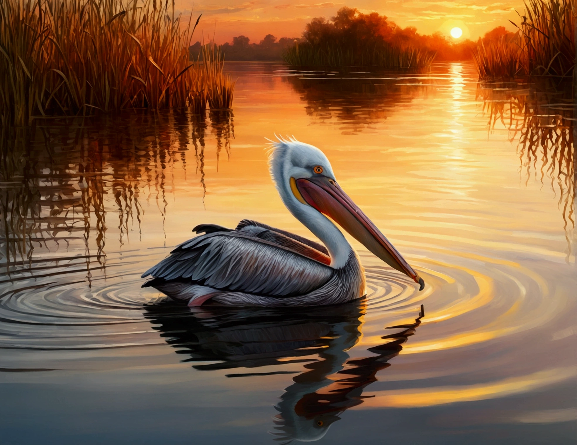 a pelican swimming in a lake, reeds, sunset, digital oil painting, oil painting, watercolor, impressionist painting, (best quality,4k,8k,highres,masterpiece:1.2),ultra-detailed,(realistic,photorealistic,photo-realistic:1.37),dramatic lighting, vibrant colors, soft brushstrokes, reflections in the water, glowing sky, serene atmosphere, detailed feathers, detailed beak, detailed eyes