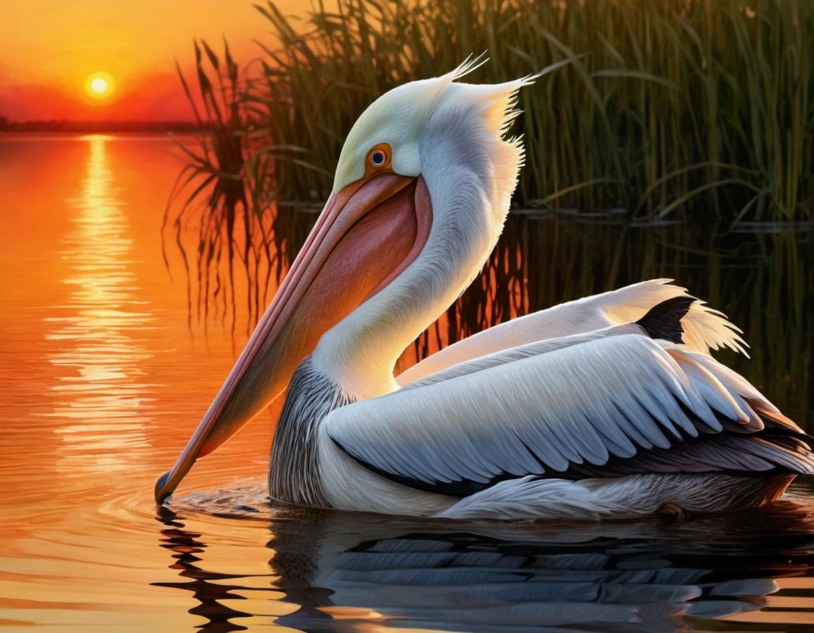 a pelican swimming in a lake, reeds, sunset, digital oil painting, oil painting, watercolor, impressionist painting, (best quality,4k,8k,highres,masterpiece:1.2),ultra-detailed,(realistic,photorealistic,photo-realistic:1.37),dramatic lighting, vibrant colors, soft brushstrokes, reflections in the water, glowing sky, serene atmosphere, detailed feathers, detailed beak, detailed eyes