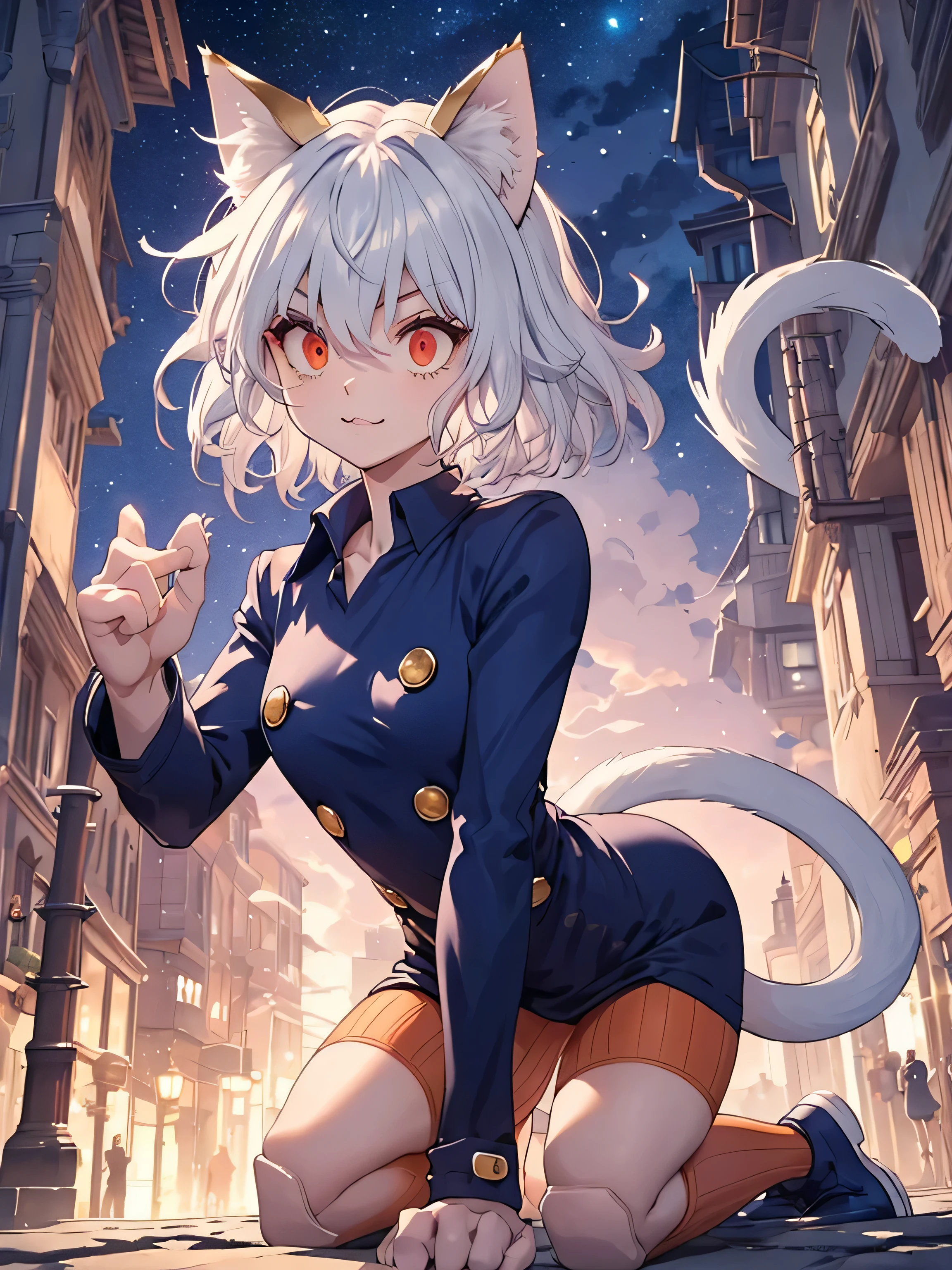 silver hair, short and curly hair, cat ears, red eyes, large pupils, intense eyes, double eyelids, slender eyebrows, long eyelashes, small nose, small mouth,((:3)), sharp jawline, blue military-style coat, six gold buttons, short orange striped shorts, high collar, long sleeves, slender wrists, flexible fingers, white skin, cat-like claws, orange striped knee-high socks, blue shoes, sturdy soles, slender ankles, small feet, long legs, muscular thighs, thin waist, wide shoulders, cat-like gaze, long neck, straight shoulder line, straight back, muscular arms, long fingers, firm upper arms, soft hands, small palms, cat-like smile, serious furrowed brows, pointed ears, pink inside of ears, thin eyelids, upward curled eyelashes, vertical slit pupils, cat whisker-like cheek markings, many lower eyelashes, small nostrils, thin lips, pointed chin, protruding collarbones, high hips, knee joints, muscular thighs, pointed knees, well-fitted socks, neatly tied shoelaces, soft cat ears, rounded ear tips, soft fluffy hair, thin eyebrows, light pink lips, white teeth, well-shaped lips, smooth skin, sensitive ears, reflective pupils, heavy eyelids, slightly curved cat ears, well-fitted coat, shining buttons, slightly old shoes, hair waving in wind, sparkling pupils, moving cat ears, nighttime medieval city background, moonlight, starry night sky, on all fours, on a tall cobblestone wall, approaching