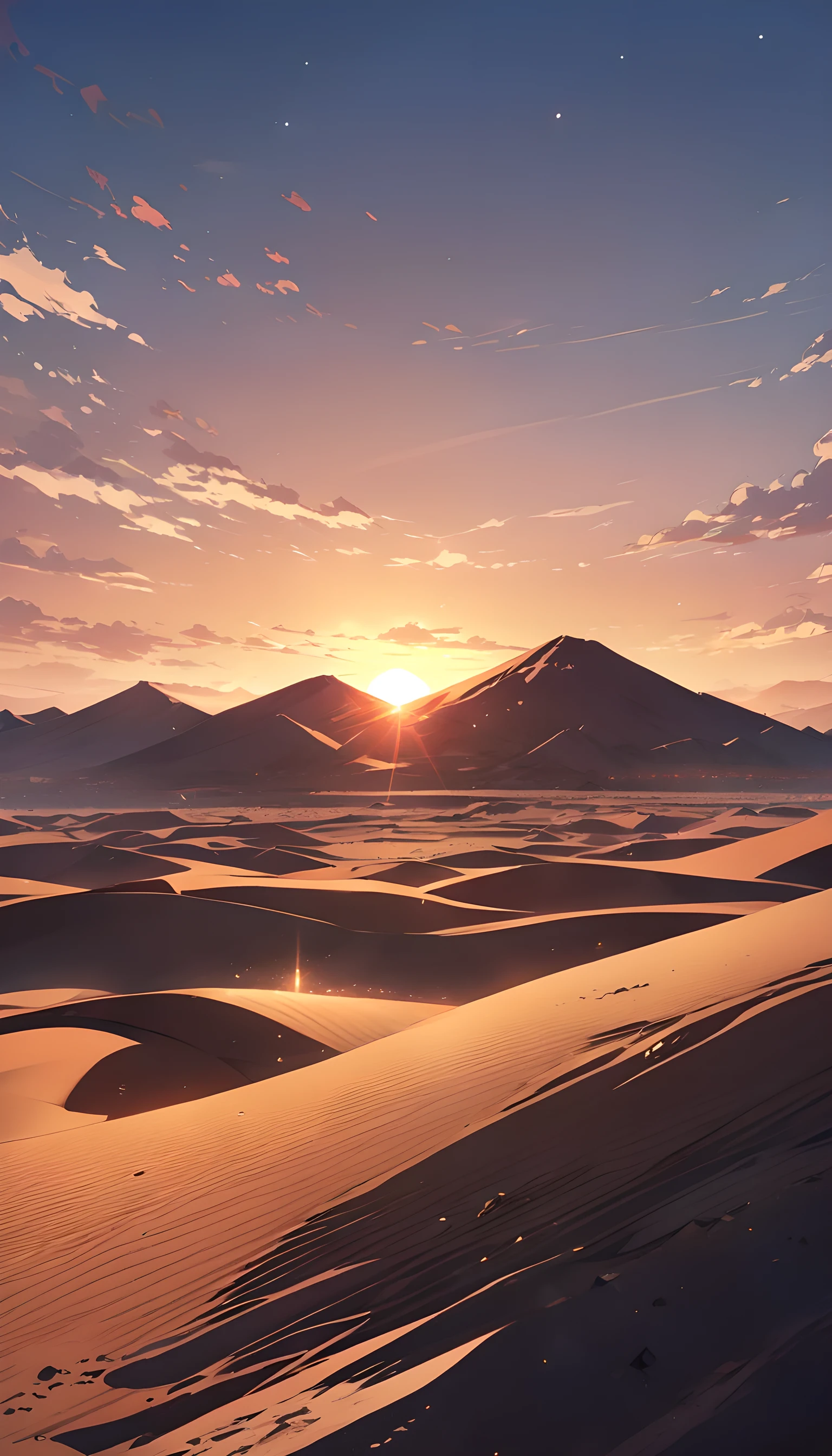 Wide desert, clear sky, scenery, sunset, stars, high quality, anime style 