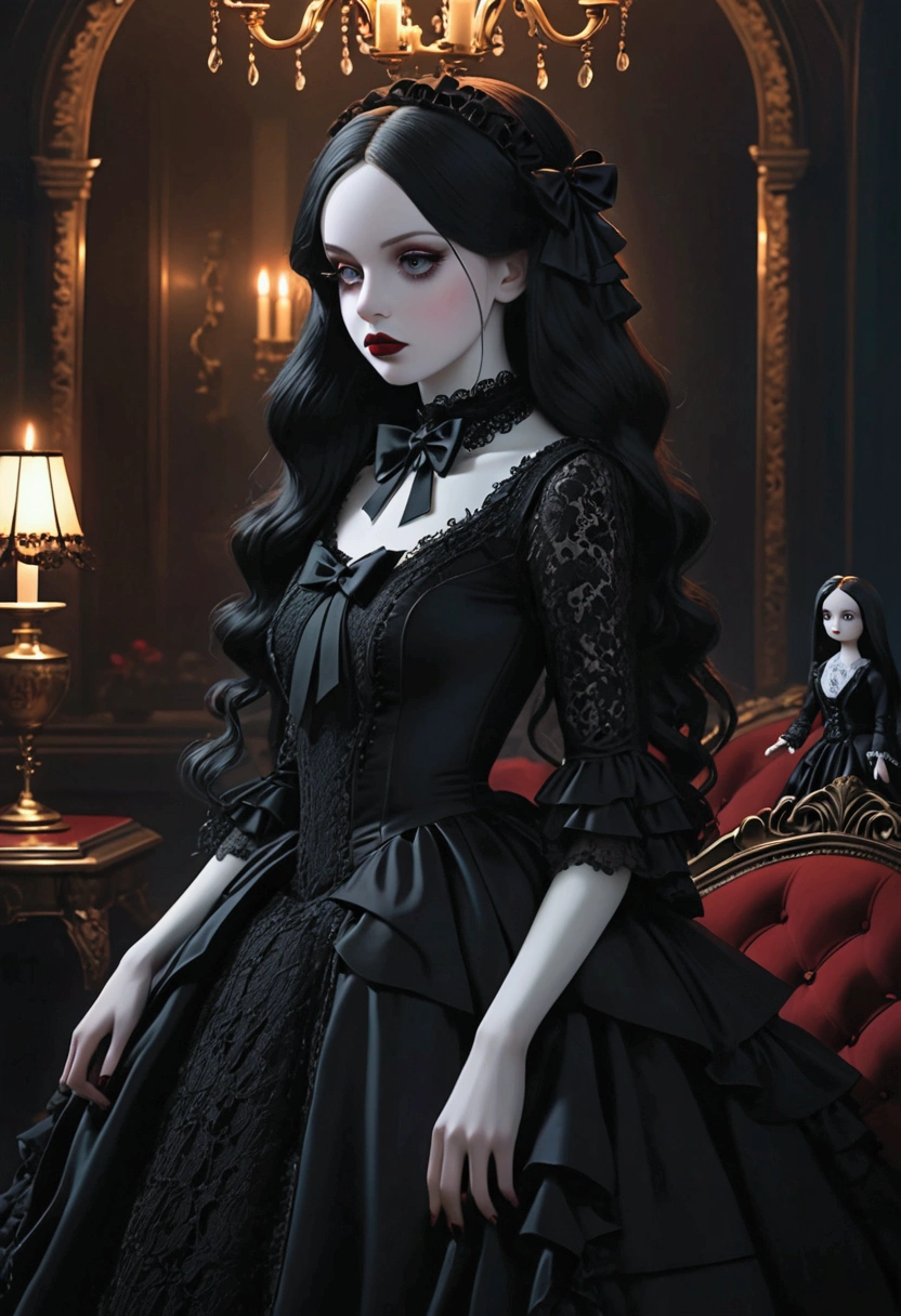 A wide-angle photo,Megan Hess Style, Gothic Girl,Pale skin,Red lips,Porcelain doll face,Exquisite black lace evening dress,Thickness,Ruffles,bow,Boss,Black long hair,An unforgettable gaze,dark fairytale,Dramatic Lighting,Melancholy atmosphere,Movie,Very detailed,masterpiece