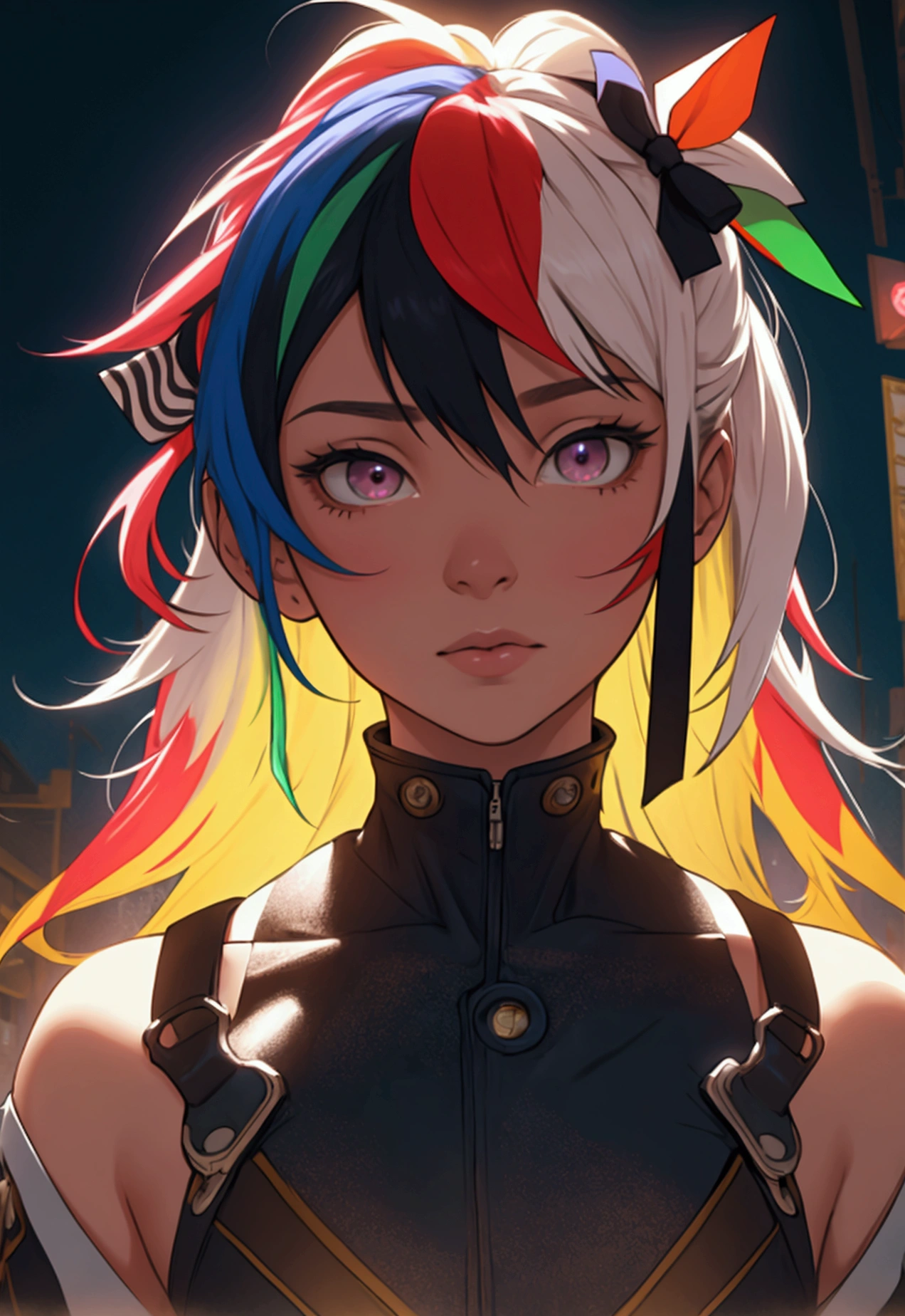 multicolored hair, Hair Ribbon, surrealism, movie lights, enlargement, uhd, high details, masterpiece  