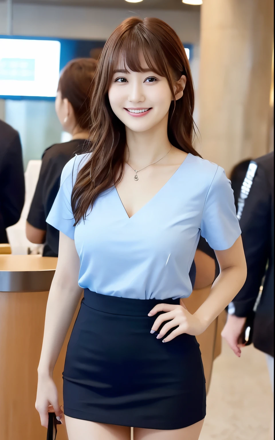 (4K,8k,Masterpiece,Realistic),Super Resolution:1.2、(Japanese:1.3)、Realistic:1.2、Japaneseアイドルの女の子、Beautiful face in every detail、21 years old、Beautiful eyes、cute、smile、Perfect hands、Natural Makeup、bangs、Large Breasts、Cabin attendant、At the airport lounge、Standing posture、Short sleeve blouse、Tight mini skirt、uniform、Friendly atmosphere,Exposure that shows the collarbone