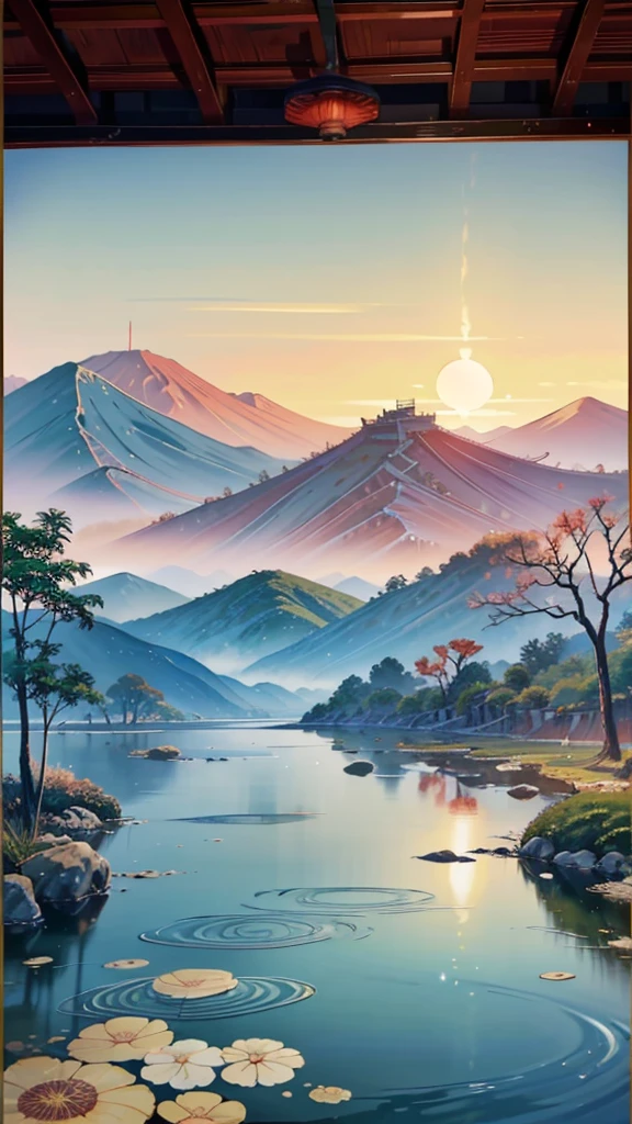 Oil painting of sunset with river and mountains in the background, Japanese art style, Japanese Landscape, Chinese scenery, Japanese style painting, Inspired by Sun Kehong, Landscape Artwork, Traditional Japanese painting, Red sun above heaven, Chinese style painting, Fantasy Landscape Art, Detailed 4k, Chinese painting style, Oriental Wallpaper, traditional japanese art, Fantasy landscape painting
