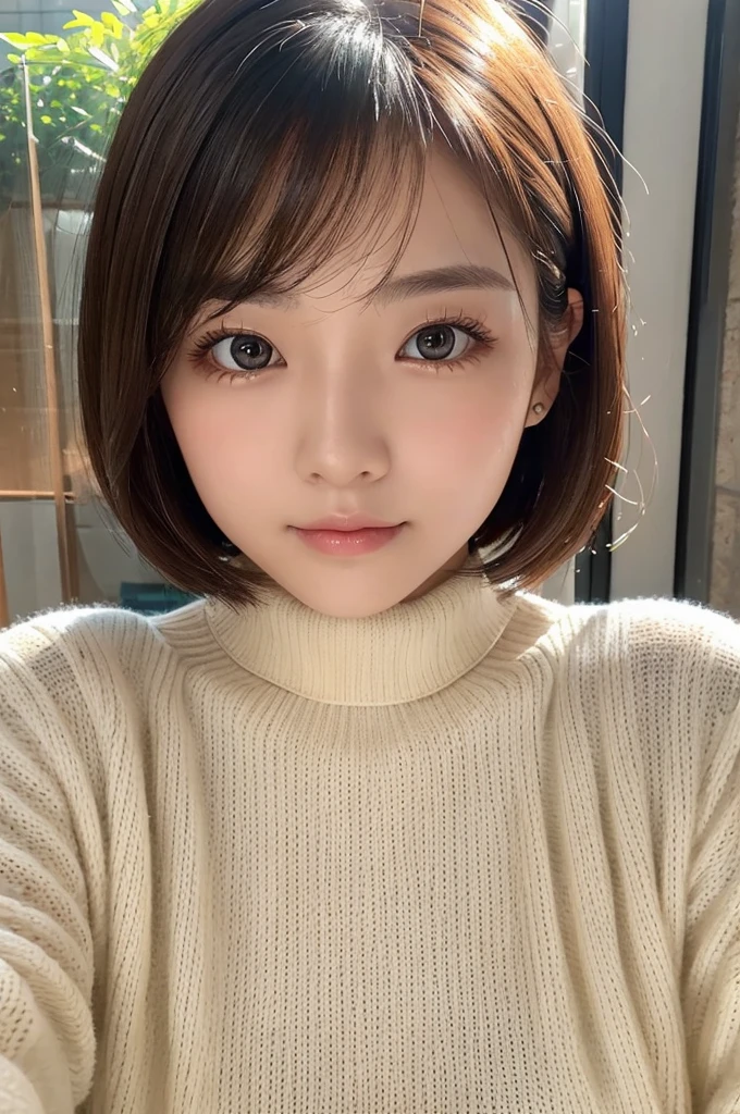 woman、Ultra detailed face、double eyelid, short hair、No bangs、Beautiful Hair、Clear Eyes、Knitted sweater、Glowing Skin, Small Head、whole body