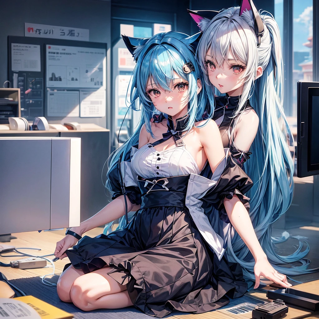 Anime girl with blue hair and cat ears, QR picture animation style, Ayanami, QR picture animation, Anime cute art style, by Shitao, I will deny this, Anime style 4K, QR diagram art, QR diagram art, Anime girl profile, from Arknights, by Prue, No type, through kamaguka, still