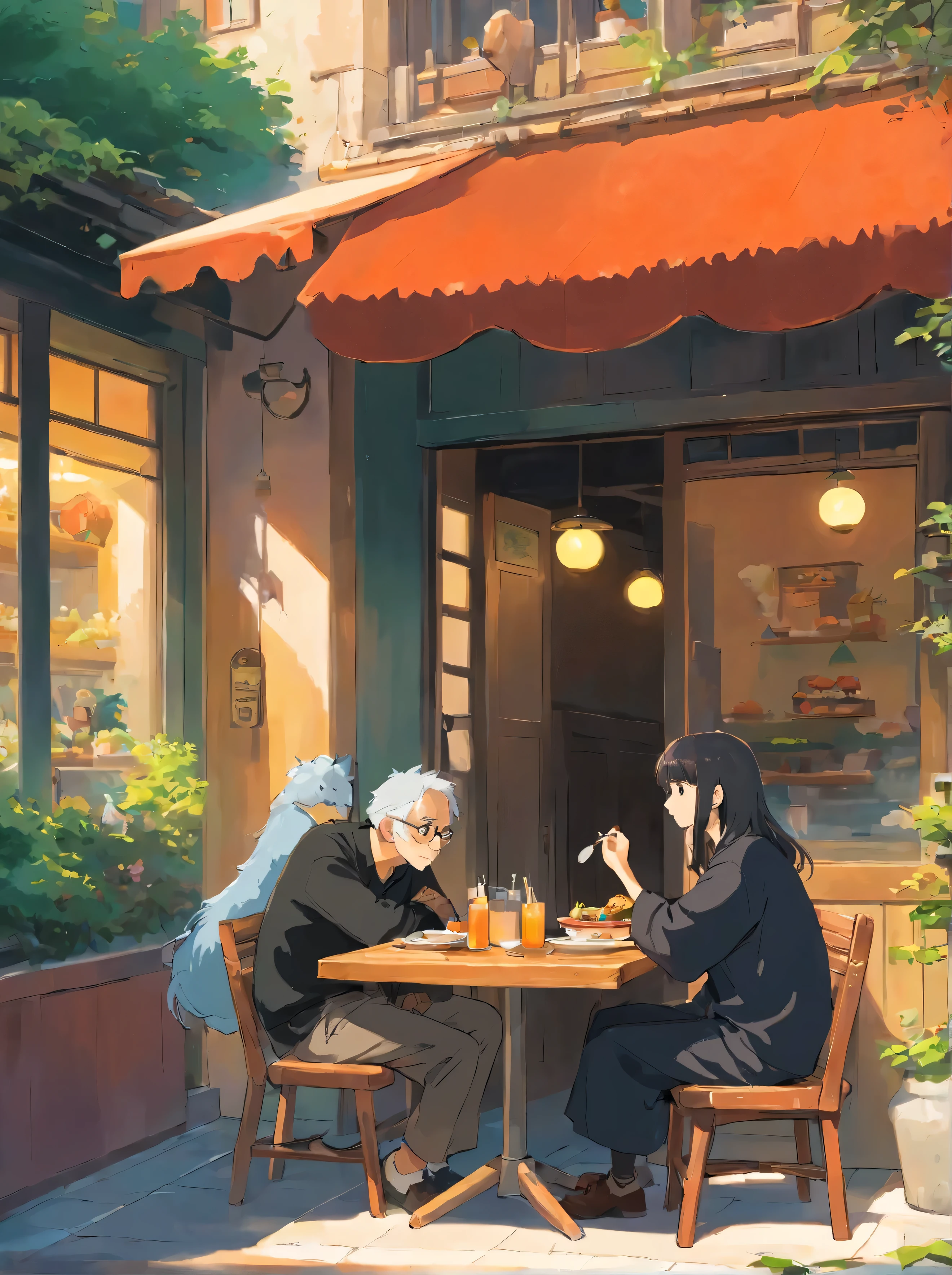 a man in black casual clothes next to a woman having lunch in an open-air restaurant.