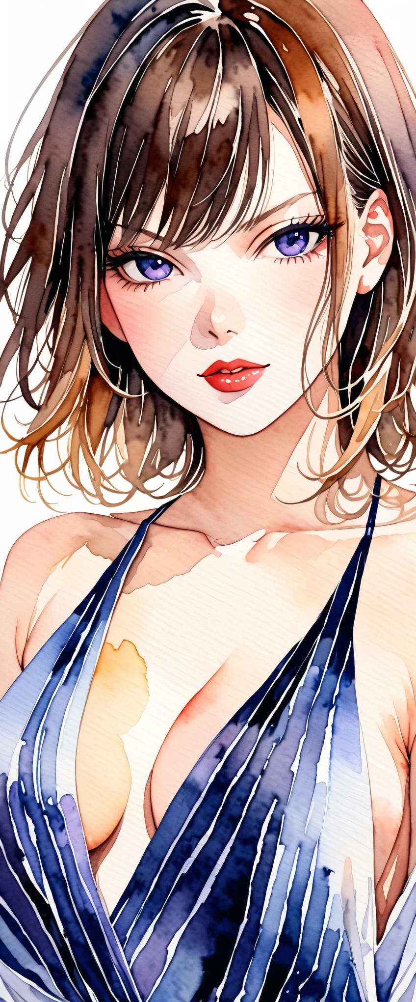 masterpiece,Milla Jovovich,Watercolor,Black Dress,(Beautiful gradation created by layering),(Tarashikomi technique)
