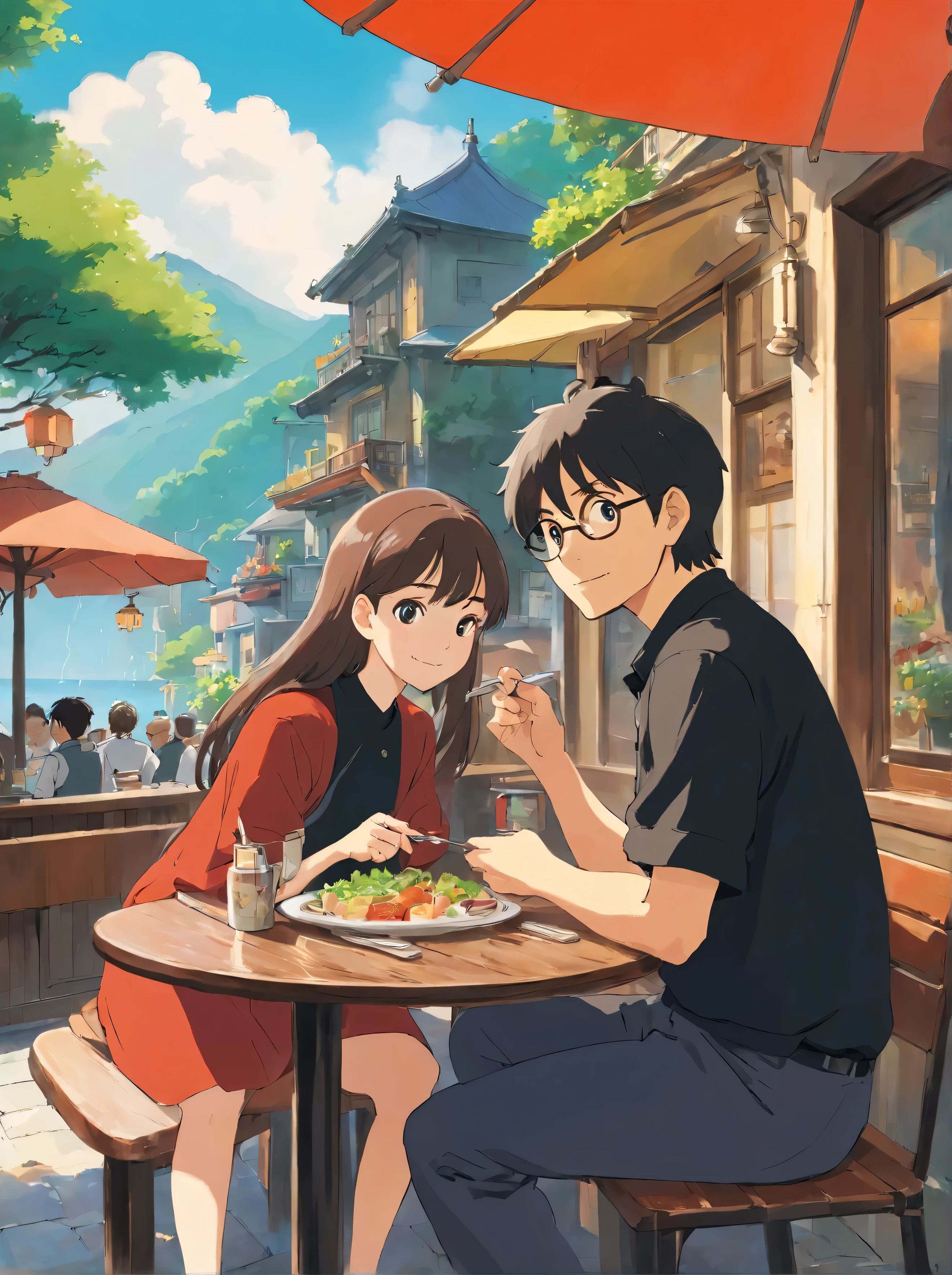a man in black casual clothes next to a woman having lunch in an open-air restaurant.