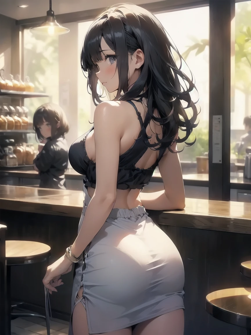(masterpiece, Highest quality), One girl, Black girl, Black curly hair, Short Curly Hair, (Barista), Back pose,Sexy ass,Shyness