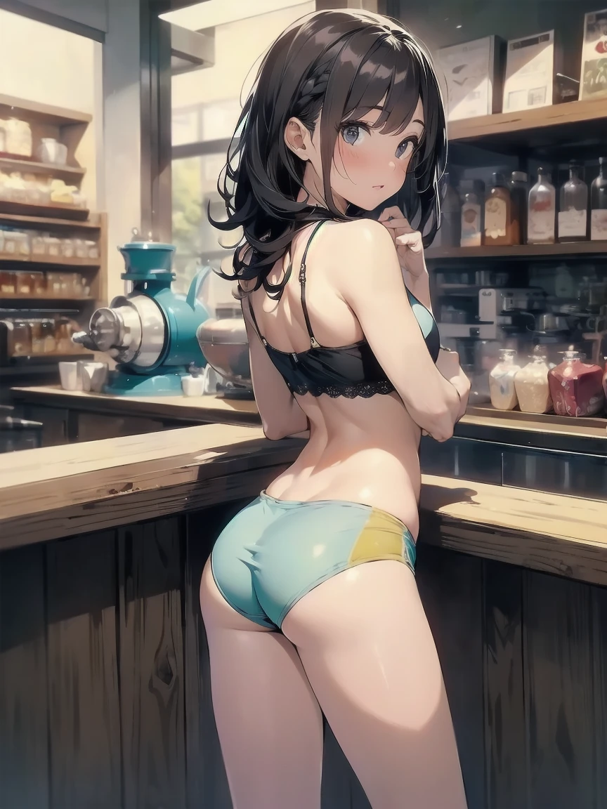 (masterpiece, Highest quality), One girl, Black girl, Black curly hair, Short Curly Hair, (Barista), Back pose,Sexy ass,Shyness