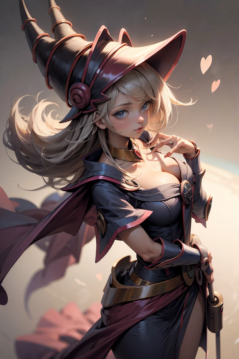 (masterpiece:1.2), (Best Quality:1.2), Perfect lighting, Black Magician Girl Casting a Spell, 20th Generation, Floating in the air, Big Breasts, Neckline, Blue Robe, Big hat, From above, shine, Yu-Gi-Oh! Games, The magic of the heart. Heart Light, Romantic heart