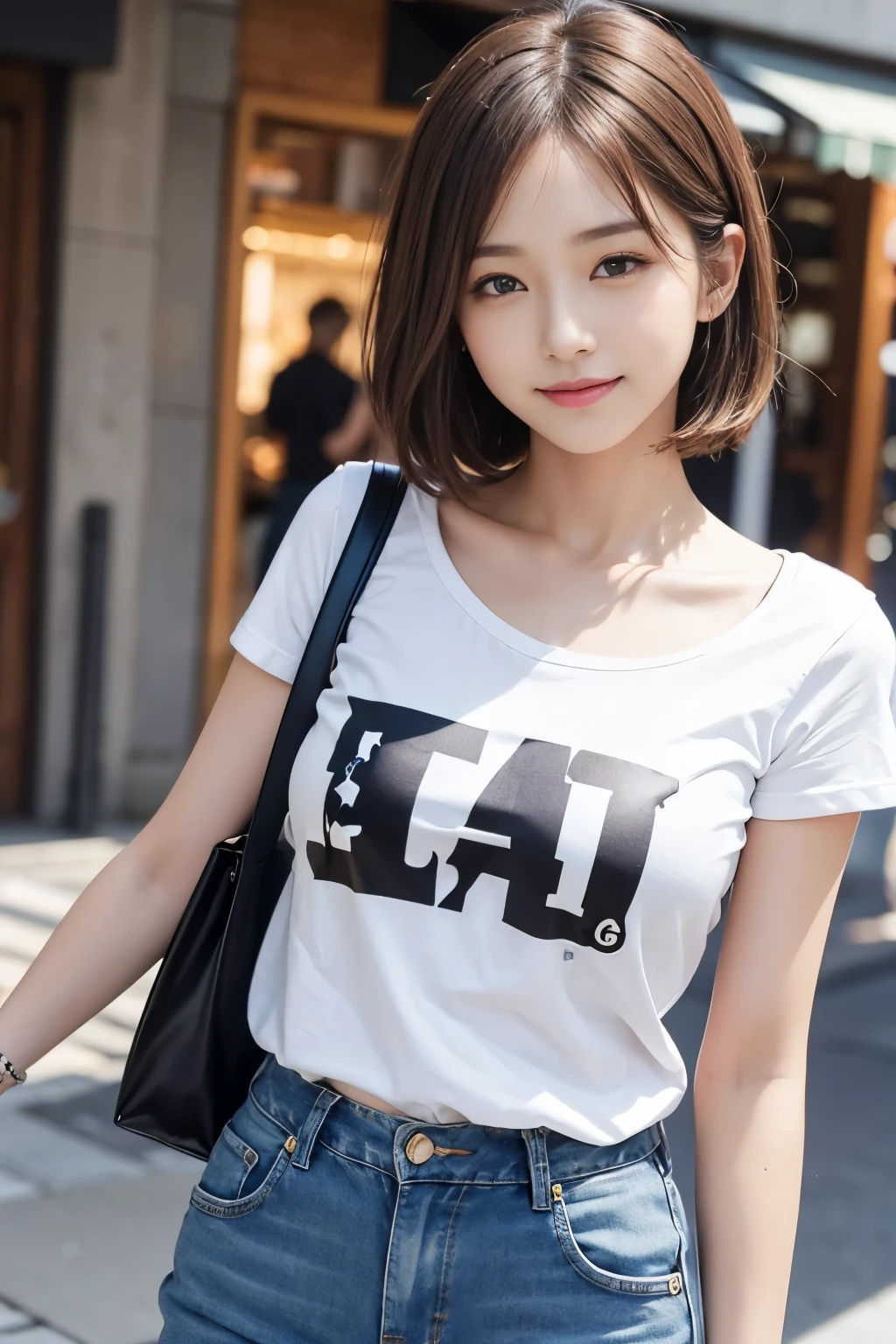 Cute 21 years old Japan、Shops、shopping、Super Detail Face、Eye of Detail、double eyelid、beautiful thin nose、sharp focus:1.2、prety woman:1.4、(light brown hair,short-haired、),fair white skin、top-quality、​masterpiece、超A high resolution、(Photorealsitic:1.4)、Highly detailed and professional lighting smile、On boyfriend jeans、colorful t-shirt、C cup breasts、