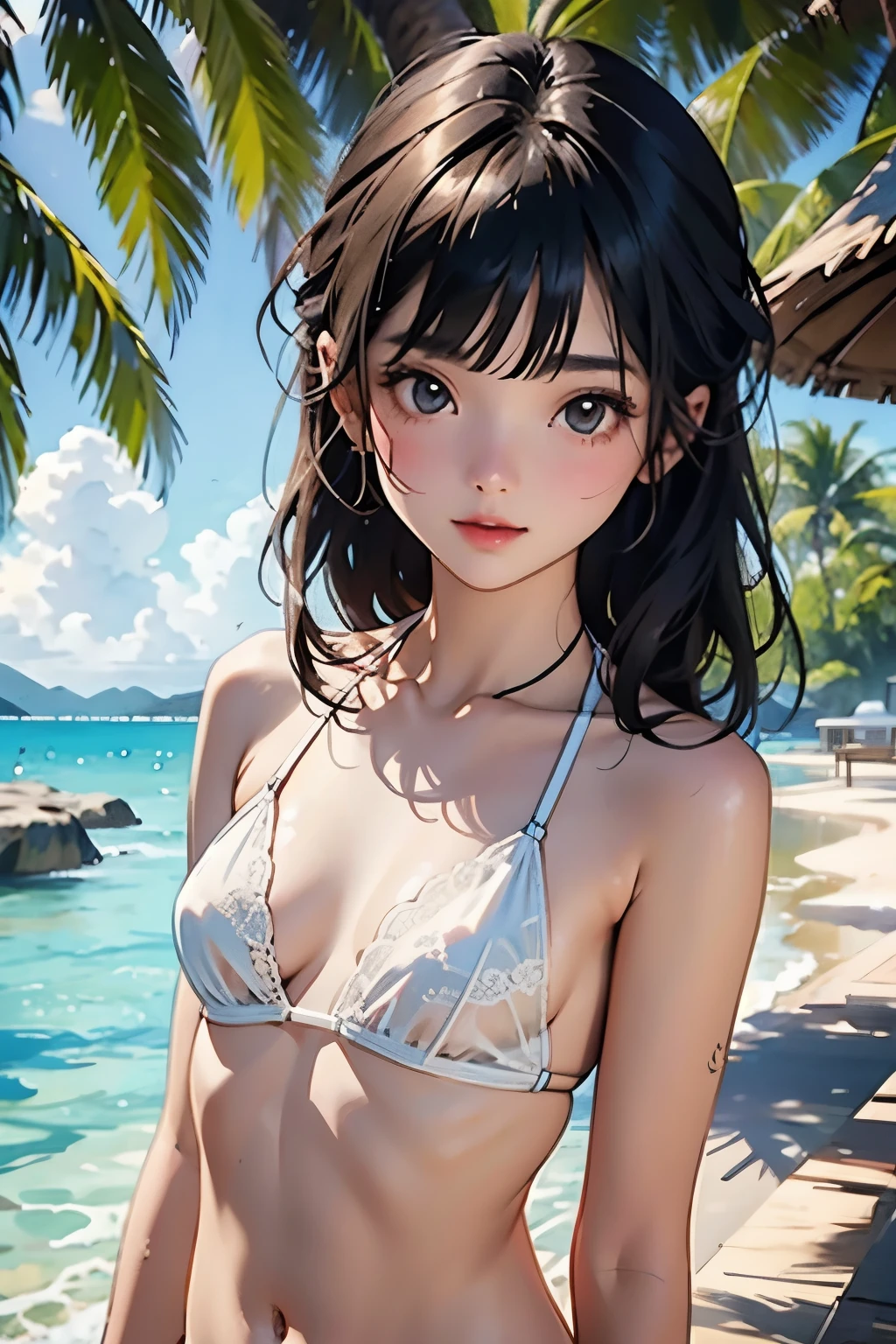 Very beautiful  girl, See through，Beautiful and fair、Glowing Skin, bright, Refreshing and gentle look, Perfect beautiful face、Beautiful shiny bangs, Small breasts，Lace Bikini，