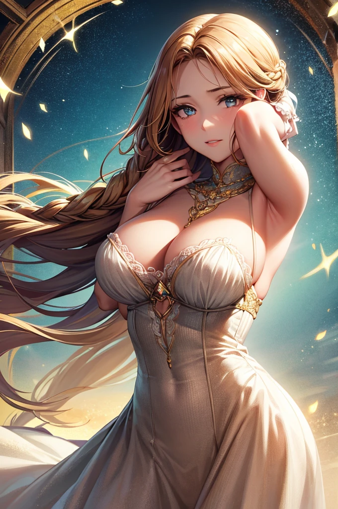 A wonderful masterpiece, Upper Body, Hungarian woman, (Giggling: 0.4), Place your arms behind your head, Golden braid, Sparkling eyes, victorian sundress, Floating light particles, Centered, Adding facial details