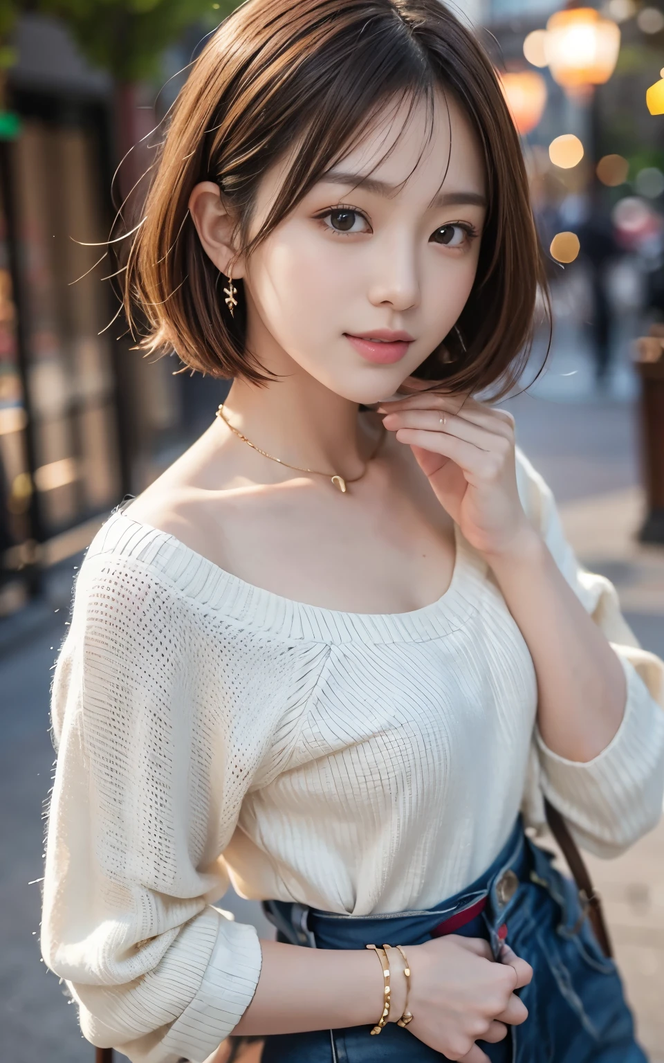 Cute 21 year old Japanese、shopping、Ultra-detailed facial features、Attention to detail、double eyelid、Beautiful and thin nose、Sharp Focus:1.2、beauty:1.4、(Light Brown Hair、Short Hair、)、Pure white skin、highest quality、masterpiece、超High resolution、(Photorealistic:1.4)、High resolution、Professional Lighting、nice smile、please show me your whole body、Casual pants、Colorful spring clothes、