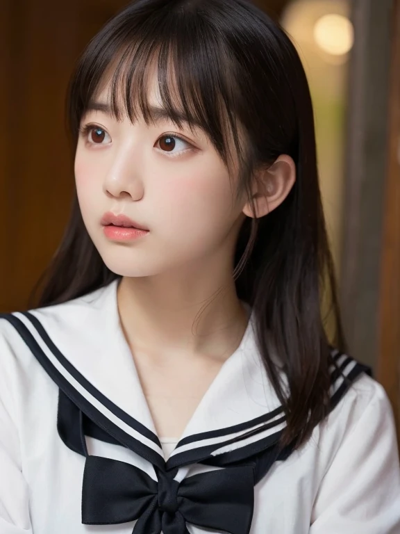 (Professional portrait、Professional Writing)、Highest quality, (Anatomically correct arms:1.3), Detailed workmanship、High resolution、(8k, High resolution:1.2)、(RAW Photos, Realistic:1.3)、masterpiece、Slim figure、High resolutionの顔、The face is in focus、High resolutionの目、(Concentrated, Symmetrical pupils:1.2)、High quality and beautiful skin、Firm Skin、Natural Makeup、Gloss lips, High-definition hair texture、 Japanese junior high school girls、((13 years old))、classroom、(Sailor suit:1.3), (Sleep on your back:1.3), (Hold your chest tightly with both arms:1.3), very cute, (Very embarrassed:1.2), (blush:1.1), (I am afraid:1.3), (Glaring at the camera:1.3)、(Shooting from above:1.2), Open your mouth:1.1, Cleavage