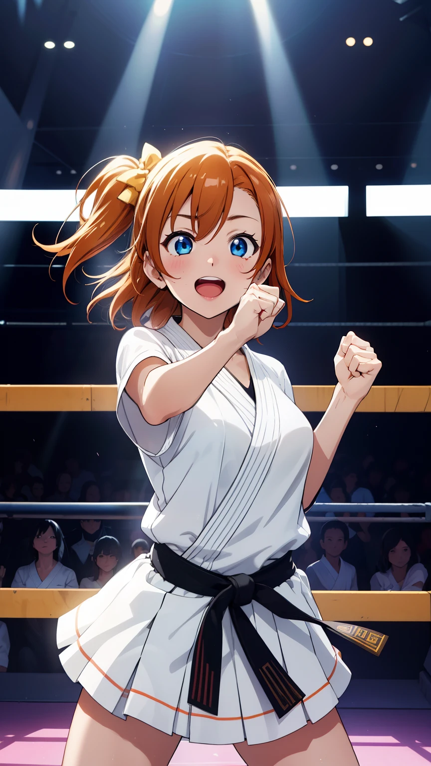 (masterpiece, 最high quality, high quality), whole body,Volumetric lighting, figure, beautiful, Perfect lighting, Perfect Shadow, (Nice views:1.1), Blushing, In-person audience, Are standing,Honoka Kousaka, blue eyes, Orange Hair,Empty-handed,White Karate Custom, Big Breasts, sweating, smile、Straight punch、In-person audienceにStraight punch、Raise your fist towards the audience、Serious、Desperate、Victory pose