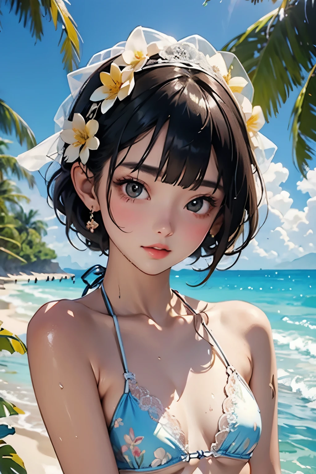 Very beautiful  girl, See through，Beautiful and fair、Glowing Skin, bright, Refreshing and gentle look, Perfect beautiful face、Beautiful shiny bangs, Small breasts，Lace Bikini，