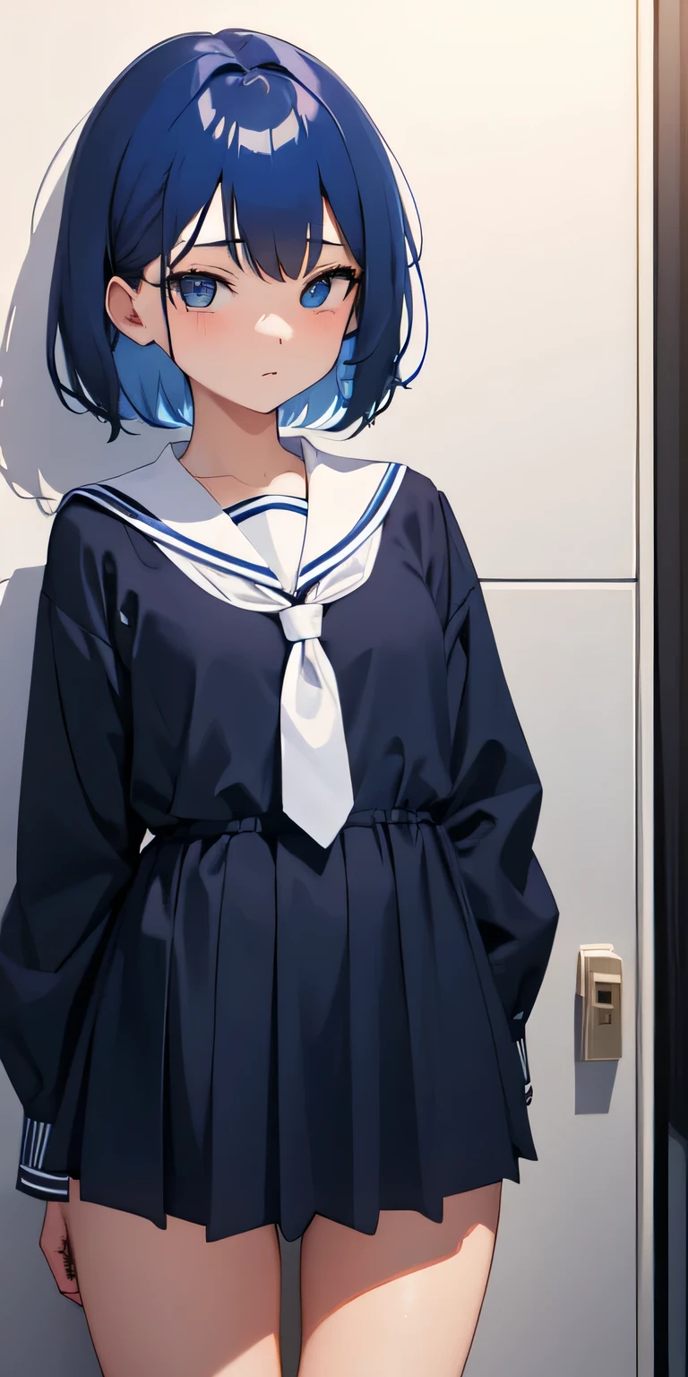 (Be clear about the content) [(masterpiece: 1.1, best quality: 1.1), Shy schoolgirl wearing show off, emphasize, , purely, Slightly 0.8 Blue Hair, wet,
