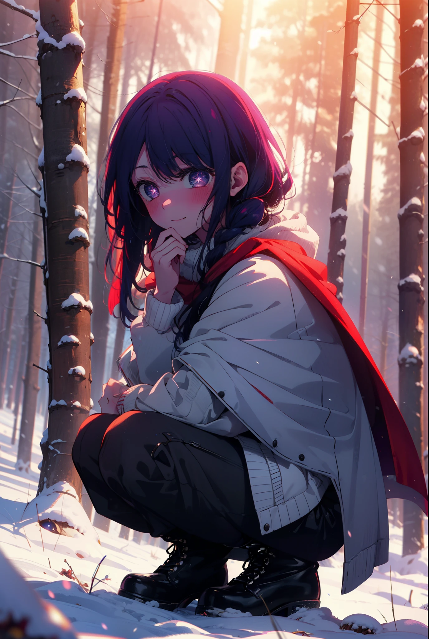 aihoshino, Ai Hoshino, Long Hair, bangs, (Purple eyes:1.1), Purple Hair, (Symbol-shaped pupil:1.5), smile,,smile,blush,white breath,
Open your mouth,snow,Ground bonfire, Outdoor, boots, snowing, From the side, wood, suitcase, Cape, Blurred, , forest, White handbag, nature, Squat, Mouth closed, Cape, winter, Written boundary depth, Black shoes, red Cape break looking at viewer, Upper Body, whole body, break Outdoor, forest, nature, break (masterpiece:1.2), Highest quality, High resolution, unity 8k wallpaper, (shape:0.8), (Beautiful and beautiful eyes:1.6), Highly detailed face, Perfect lighting, Highly detailed CG, (Perfect hands, Perfect Anatomy),