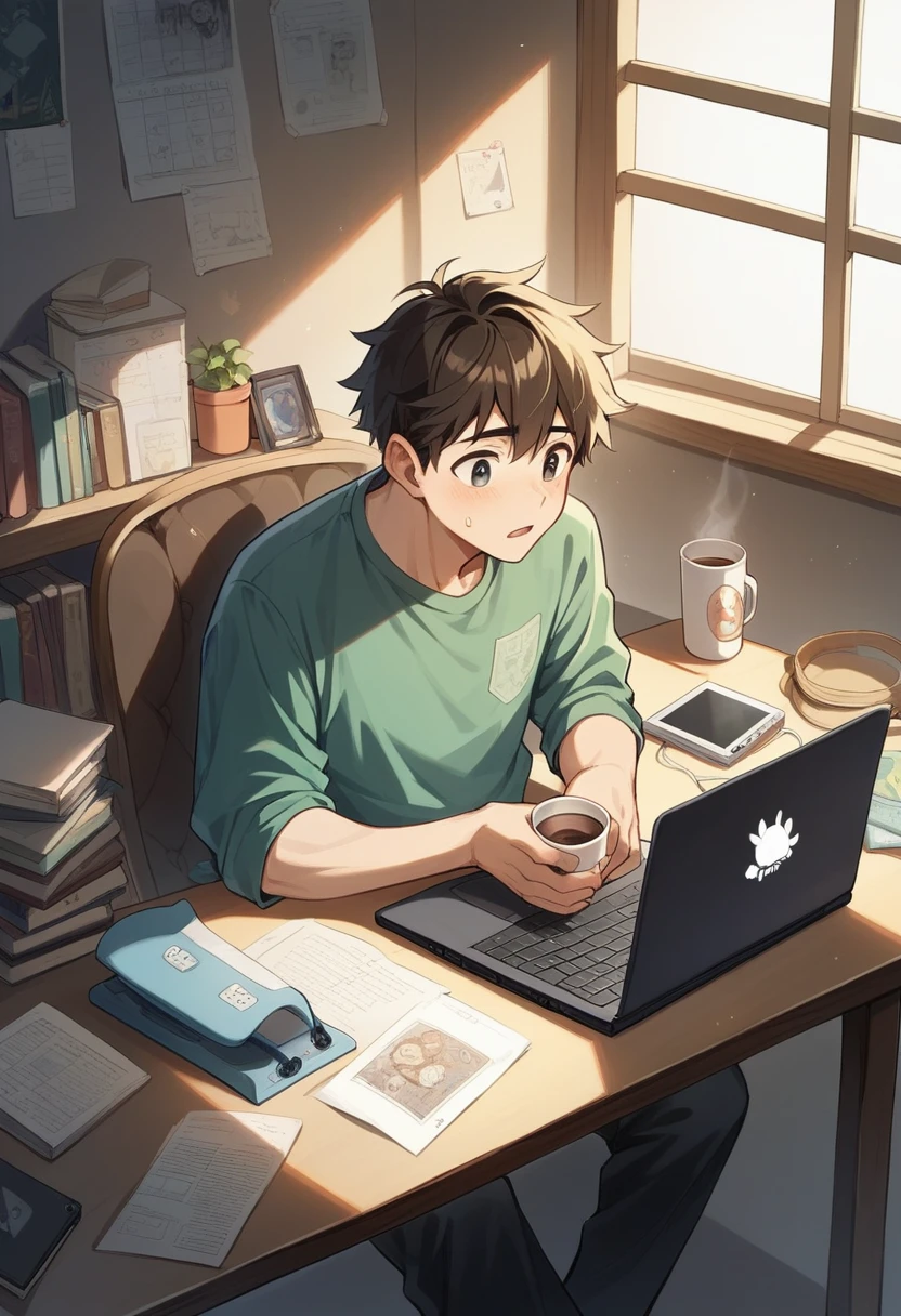 image: boy, sitting at a laptop, with an expression of concentration and inspiration on his face. He is surrounded by a cozy work environment with books, notepads and a cup of coffee. The room has a creative atmosphere, where you can see, that ideas are born and brought to life. Graphics programs and text editors are open on the laptop screen, and the guy himself is enthusiastically working on a new project. Various creative tools scattered around, emphasizing his creative spirit and love for creating something new and unique.
