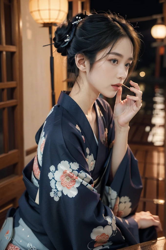 (((best quality))),(((ultra detailed))),(((masterpiece))),illustration,((1 beautiful Japanese girl,solo)),((slim,thin)),((small breasts,flat chest)),serene,melancholic,(rainy:1.3),(night scene:1.3),(in izakaya:1.3),(bun hair:1.2),(traditional Navy blue floral kimono:1.3),cozy atmosphere,sipping drink,ethereal appearance,delicate features,expressive eyes,contemplation,numbs loneliness,intricate kimono patterns,billowing kimono,traditional beauty,graceful sitting pose,sliding doors,rainy alley,soft glow lanterns,warm ambiance,cigarette vapor,atmospheric haze,introspection,isolation,beauty in solitude,complex emotions,quiet moments,Drinking Alone,narrative,loneliness,yearning,inner peace,((from front,upper body))