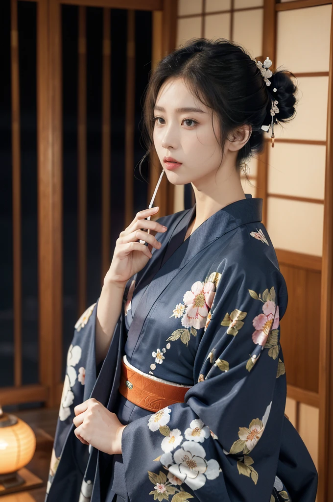(((best quality))),(((ultra detailed))),(((masterpiece))),illustration,((1 beautiful Japanese girl,solo)),((slim,thin)),((small breasts,flat chest)),serene,melancholic,(rainy:1.3),(night scene:1.3),(in izakaya:1.3),(bun hair:1.2),(traditional Navy blue floral kimono:1.3),cozy atmosphere,sipping drink,ethereal appearance,delicate features,expressive eyes,contemplation,numbs loneliness,intricate kimono patterns,billowing kimono,traditional beauty,graceful sitting pose,sliding doors,rainy alley,soft glow lanterns,warm ambiance,cigarette vapor,atmospheric haze,introspection,isolation,beauty in solitude,complex emotions,quiet moments,Drinking Alone,narrative,loneliness,yearning,inner peace,((from front,upper body))